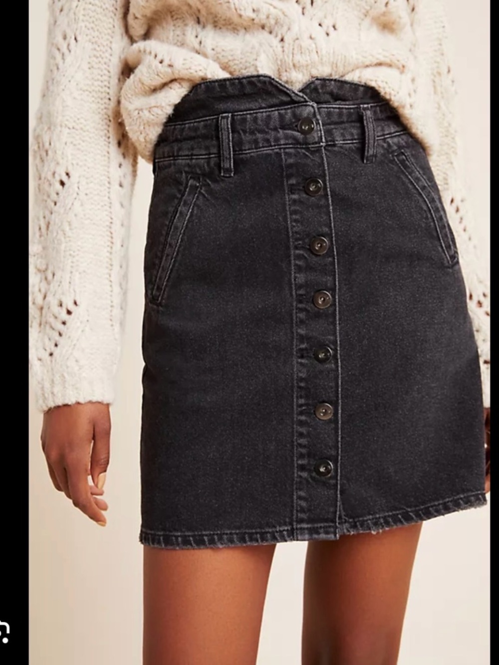 Anthro High-Rise Button-Front Denim Mini Skirt in Washed Black